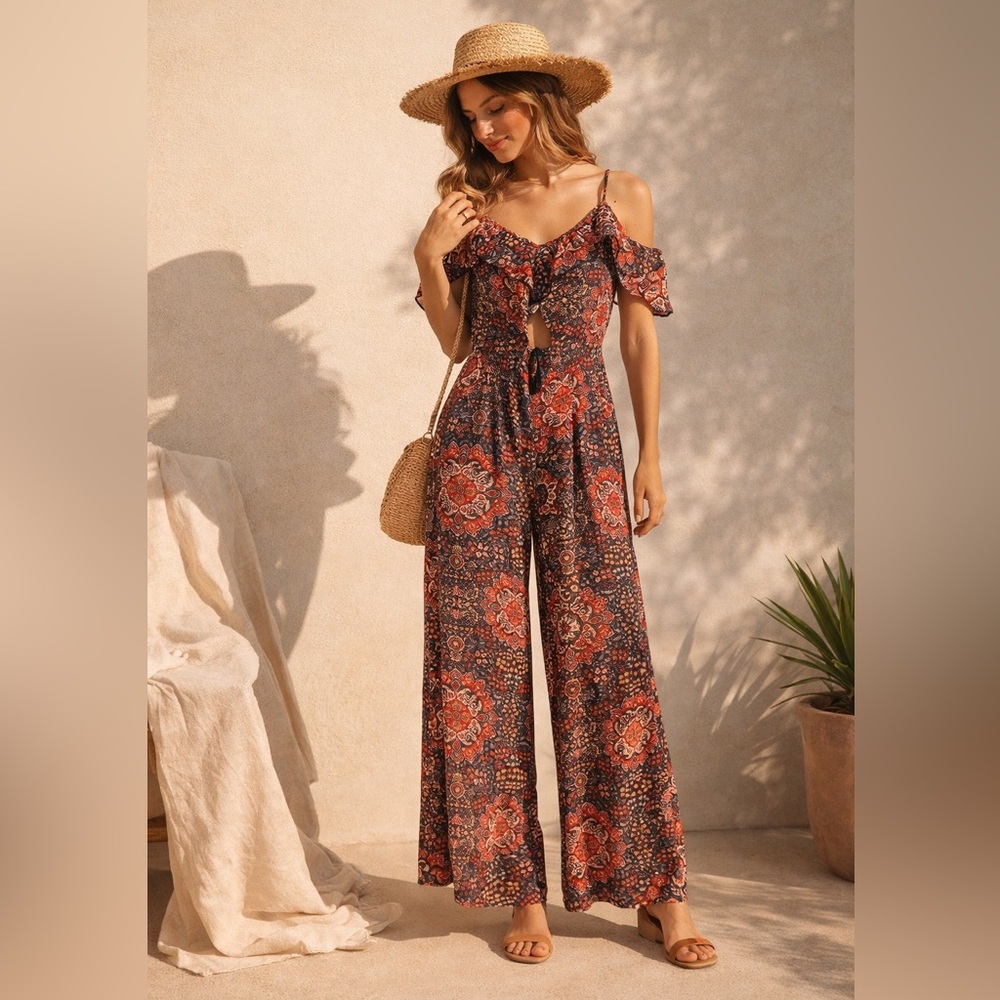 Boho Paisley Wide Leg Jumpsuit | Flowy Vacation Outfit